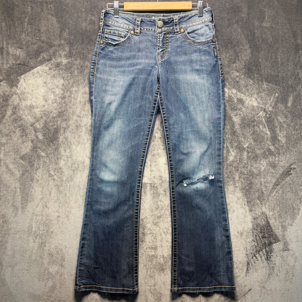 Silver Jeans Co Jeans Womens 27 Blue Cotton Blend Suki Mid Bootcut Distressed